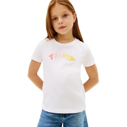 Offerta a tempo: Tommy Hilfiger Bambina T-Shirt Maniche Corte Puff Print in Cotone, Bianco (White), 3 Anni - 8% da 23.70 € a 21.73 €