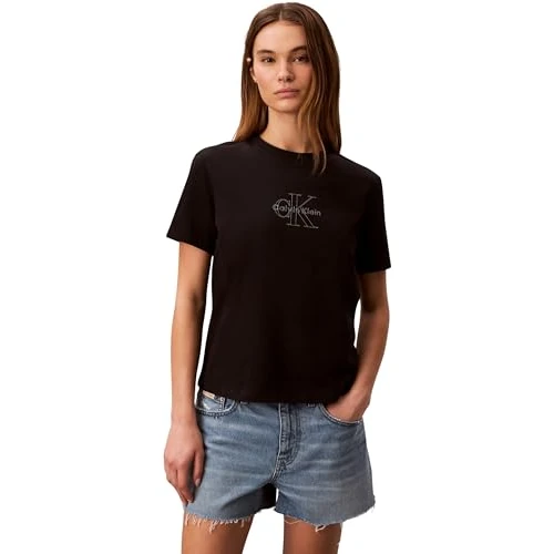 Offerta a tempo: Calvin Klein Donna T-Shirt Maniche Corte Classic Monologo con Scollo Rotondo, Nero (Black), S - 47% da 29.90 € a 15.99 €