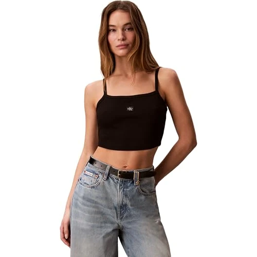 Offerta a tempo: Calvin Klein Donna Canotta Woven Label Rib Corta, Nero (Black), L - 27% da 29.90 € a 21.73 €