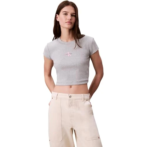 Offerta a tempo: Calvin Klein Donna T-Shirt Maniche Corte Monologo Baby Rib Slim Fit, Grigio (BC06 Grey Heather), 2XL - 33% da 49.90 € a 33.32 €