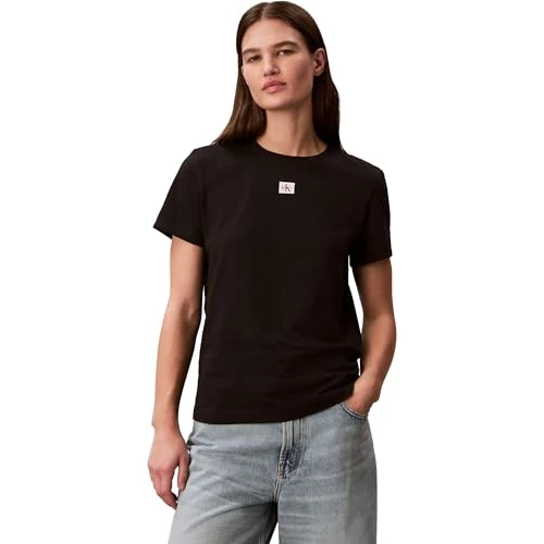 Limited-time offer: Calvin Klein Women's T-Shirt Short Sleeve Woven Label Classic Round Neckline, Black (Black), L from 35.00 £ to 17.50 £ (save 50%)