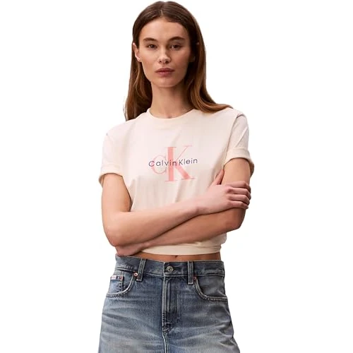 Offerta a tempo: Calvin Klein Maglietta da Donna HR SS Clssc Mnlg CNC Lv047B865G, Bianca, L - 32% da 49.90 € a 33.99 €