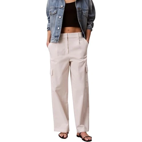 Offerta a tempo: Calvin Klein Donna Pantaloni in Tessuto Cotton Ewaist Cargo Pant con Vita Elastica, Beige (Tofu), 2XL - 50% da 99.90 € a 49.66 €