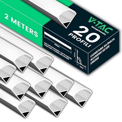 V-TAC 20 x narożne profile 2 metry do pasków LED - (40 metrów łącznie) - aluminiowe profile do pasków LED z satynową osłoną - srebrny kolor - narożniki 21,3 x 15,8 mm