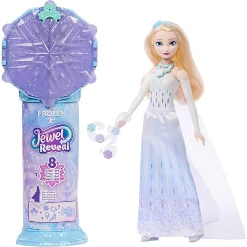 Mattel Disney Poupée Princesses Elsa La Reine des Neiges et Accessoires avec 8 Surprises, Dont Une boîte à Bijoux en Forme de Flocon de Neige, Une Bague pour Enfant et 9 éléments, JJY36