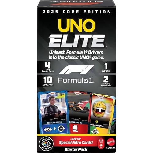 Offerta a tempo: Mattel Games - UNO Elite Formula 1, versione speciale del gioco con Carte Azione Elite e regole speciali, 4 Game Booster Pack e 2 Carte promozionali inclusi, 7+ anni, JLV42 - 35% da 19.99 € a 13.03 €