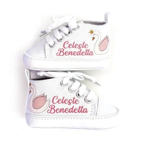 Scarpine Neonato, Scarpette Personalizzate con Nome, Scarpe da Culla con Stampa (CIGNO, 6-9 mesi)