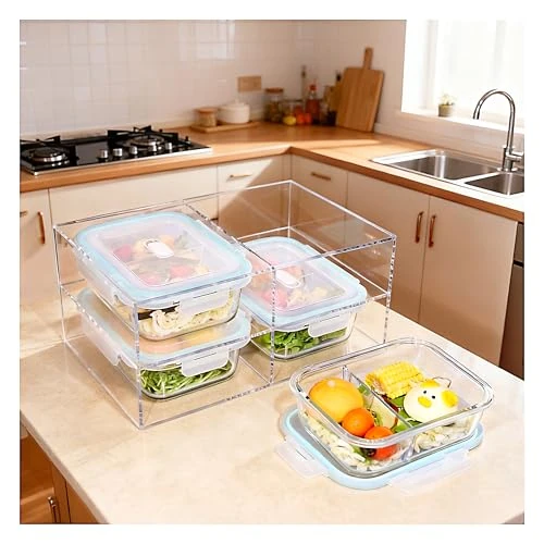 ERUIV 2 Piece Glass Food Storage Box 4 x 1040ml Blue Lid with Acrylic Bowl Holder