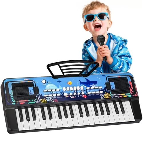 Pianino dla Dzieci 37 Klawiszy z Mikrofonem, Przenośny Keyboard z Pulpitem, Zabawka Muzyczna dla Dzieci 3-6 Lat, Czarny