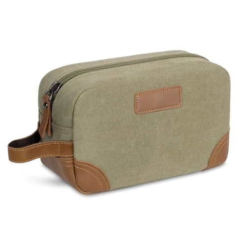 Kulturbeutel Herren Reise, Kulturtasche mit Lederdetails, Wasserfeste Kosmetiktasche und Rasierbeutel mit Haken & Fächern, Organizer Waschtasche für Urlaub & Geschäftsreise, Grün