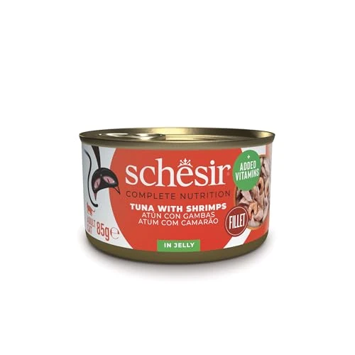 Schesir Tonijn met garnalen in gelei, natvoer voor katten, ingeblikt, 100% natuurlijk, met extra vitaminen, 12 x 85 g