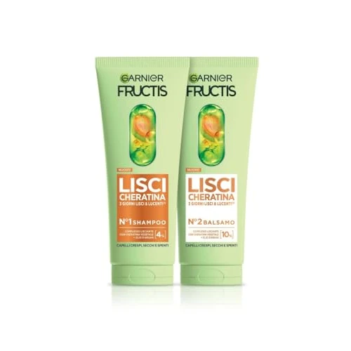 Offerta a tempo: Garnier Fructis Lisci Cheratina, Kit Shampoo e Balsamo, Effetto Anti-Crespo | Capelli Lisci e Lucenti a Lungo, Con Cheratina Vegetale e Olio di Argan, Lisci Cheratina, 200 ml + 200 ml - 5% da 8.89 € a 8.45 €