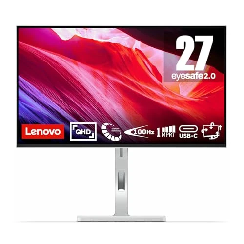 Lenovo L27h-4A Monitor 27" QHD (2560 x 1440), IPS, 1ms MPRT, 100Hz, Adjustable, HDMI 2.1 + DisplayPort 1.4 + USB-C Ports, USB Type C Cable Included - Cloud Grey
