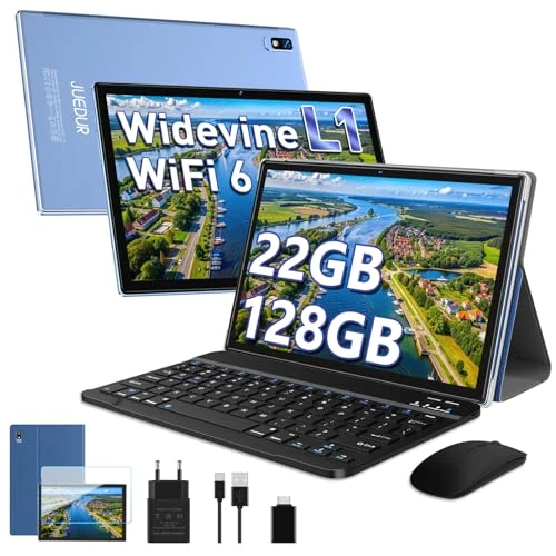 JUEDUR Tablet 10 inch Android 14,22 GB RAM + 128 GB ROM (1TB TF), tablet in het aanbod/Widevine L1/8000mAh/Octa-Core/2.0GHz/5G WiFi 6/8MP + 5MP/BT 5.0/tablet met toetsenbord + hoes + muis - blauw