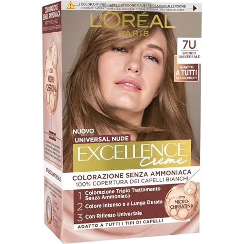 Offerta a tempo: L’Oréal Paris Colorazione Permanente, Copertura dei Capelli Bianchi a Lungo, Risultato Naturale e Luminoso, Formula senza Ammoniaca, Excellence Universal Nude, Tonalità: Biondo (7U) - 21% da 11.99 € a 9.49 €