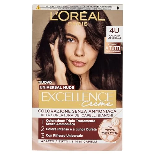 L'Oréal Paris Coloración permanente de larga duración, cobertura de pelo blanco natural y brillante, fórmula libre de amoniaco, Excellence Universal Nude, tonos marrones (4U)