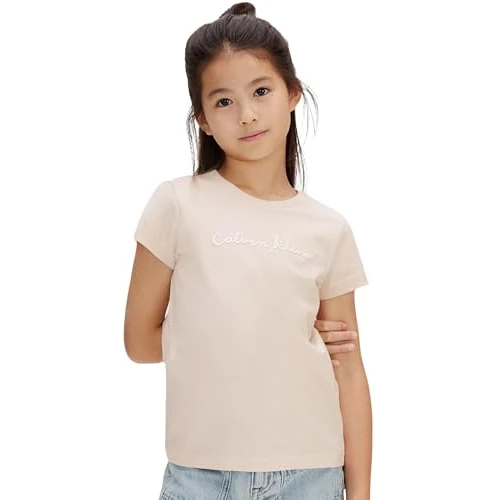 Offerta a tempo: Calvin Klein Bambina T-Shirt Maniche Corte Script Logo Slim in Cotone, Avorio (Pearl 12-1304 TCX), 8 Anni - 40% da 24.90 € a 14.99 €