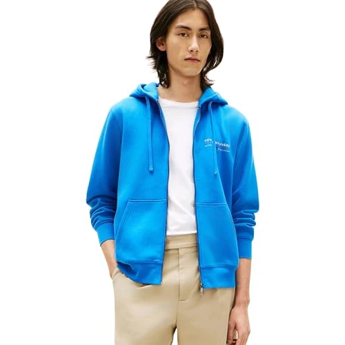 Offerta a tempo: Tommy Hilfiger Uomo Felpa con Cappuccio e Zip Lockup con Tasca a Marsupio, Blu (Blue Orbit), S - 51% da 129.90 € a 64.00 €