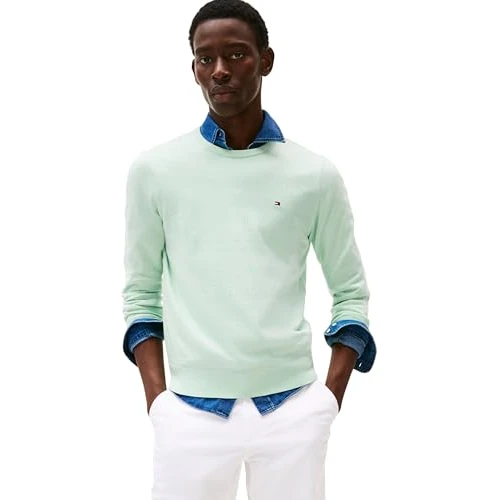 Offerta a tempo: Tommy Hilfiger Uomo Pullover Essential Cotton con Scollo Rotondo, Verde (Minty Essence Heather), M - 51% da 99.90 € a 49.00 €