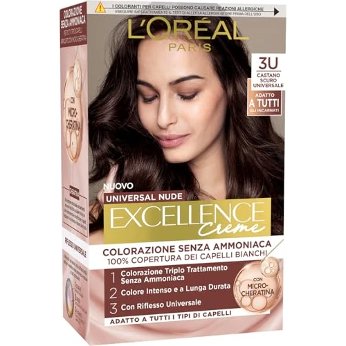 Oferta limitada: L'Oréal Paris Coloración permanente de larga duración, cobertura de pelo blanco natural y brillante, fórmula libre de amoniaco, Excellence Universal Nude, tonos marrón oscuro (3U) de 10.95 € a 10.95 € (ahorro 0.00%)