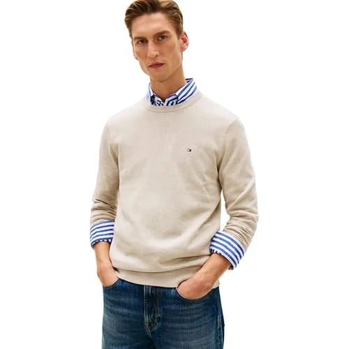 Offerta a tempo: Tommy Hilfiger Uomo Pullover Essential Cotton con Scollo Rotondo, Beige (Sandalwood Heather), L - 60% da 99.90 € a 40.37 €