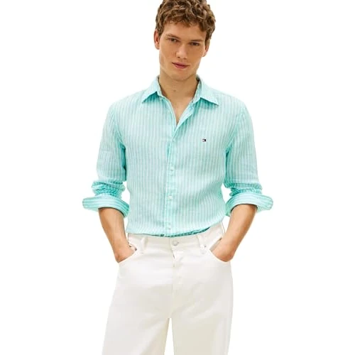 Offerta a tempo: Tommy Hilfiger Camicia da Uomo in Lino a Righe Bengala RF MW0MW42400, Blu, S - 46% da 119.90 € a 64.31 €