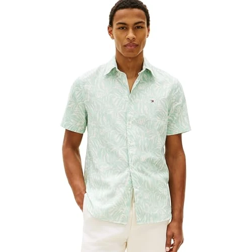 Offerta a tempo: Tommy Hilfiger Uomo Camicia Linen Blend Maniche Corte, Turchese (Crushed Mint/Allover), L - 8% da 58.17 € a 53.74 €