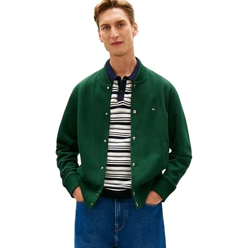 Offerta a tempo: Tommy Hilfiger Uomo Bomber Essential Terry con Chiusura con Bottoni, Verde (Nocturnal Green), S - 53% da 139.90 € a 65.47 €