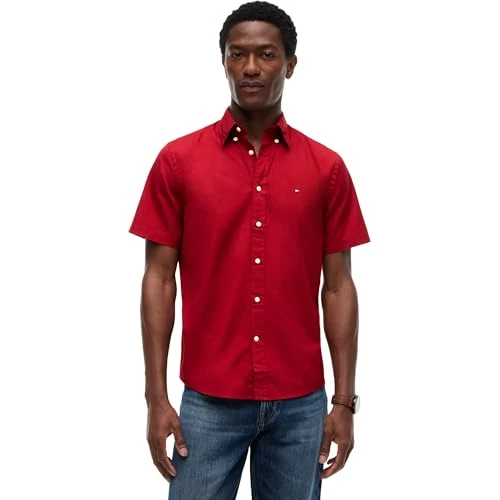 Offerta a tempo: Tommy Hilfiger Uomo Camicia Flex Poplin Solid in Cotone, Rosso (Regatta Red), M - 44% da 69.90 € a 38.99 €