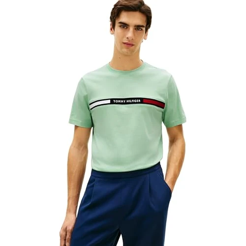 Offerta a tempo: Tommy Hilfiger Hilfiger - Maglietta da Uomo con Inserto sul Petto, Mw0Mw36498, Verde, S - 36% da 49.90 € a 31.99 €