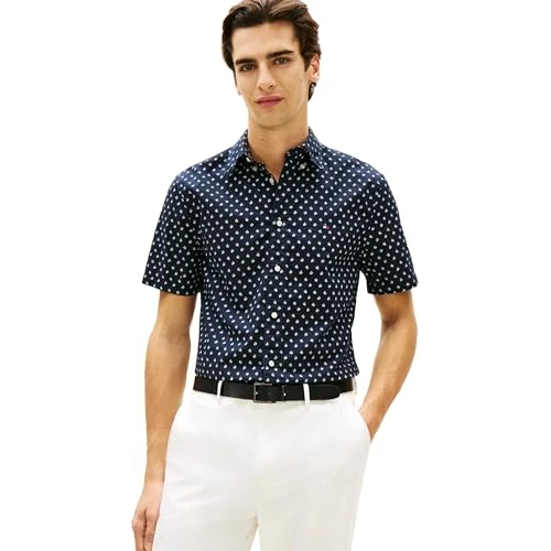 Zeitlich begrenztes Angebot: Tommy Hilfiger Herren Hemd Flex Poplin Kurzarm, Blau (Desert Sky/Allover), XS von 79.90 € auf 43.95 € (45% Rabatt)
