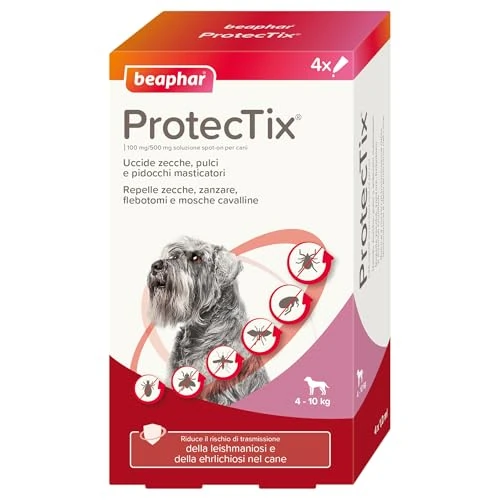 Offerta a tempo: Beaphar ProtecTix Cane, Antiparassitario Spot-On per Cane Piccolo (4-10 Kg), Riduce il Rischio di Leishmaniosi, Contro Zecche, Pulci e Pidocchi, Confezione 4 Pipette da 1 ml - 5% da 17.97 € a 17.16 €