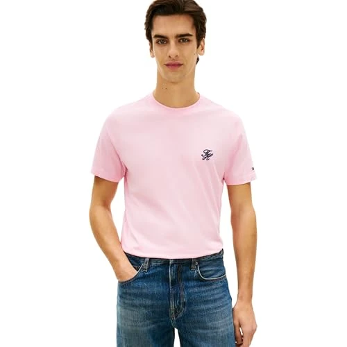 Zeitlich begrenztes Angebot: Tommy Hilfiger Herren T-Shirt Kurzarm Script Monogram aus Baumwolle, Rosa (Classic Pink), S von 35.49 € auf 16.16 € (54% Rabatt)