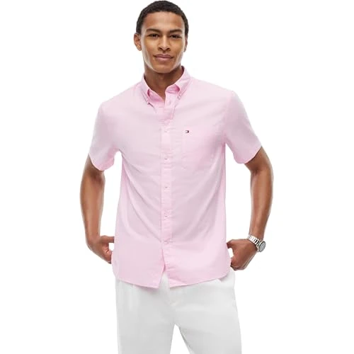 Offerta a tempo: Tommy Hilfiger Uomo Camicia Light Oxford Solid Shirt Maniche Corte, Rosa (Rose Petal), L - 13% da 60.59 € a 52.43 €