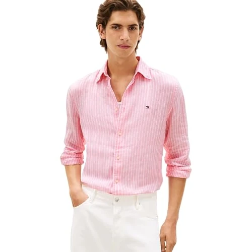 Offerta a tempo: Tommy Hilfiger Linen Bengal RF Shirt Mw0mw42400 Camicia S/S, Pink (Classic Pink/Stripe), L Uomo - 35% da 119.90 € a 77.77 €