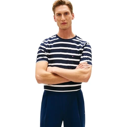 Offerta a tempo: Tommy Hilfiger Uomo T-Shirt Maniche Corte Stripe Pocket in Cotone, Nero (Desert Sky/Ecru Stripe), XS - 7% da 45.12 € a 41.76 €