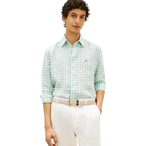 Oferta limitada: Tommy Hilfiger Camisa Essential de Lino a Cuadros para Hombre, MW0MW42401, Verde, M de 119.90 € a 29.87 € (ahorro 75%)