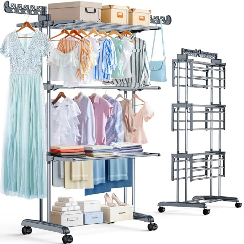 Oferta ograniczona: Suszarka na pranie, 4-poziomowa, duża pojemność – ulepszona suszarka na pranie z rolkami, składana wieża ze stali nierdzewnej, stabilna wieża do użytku wewnątrz i na zewnątrz, nie zajmuje dużo z 49.99 EUR na 35.99 EUR (znizka 28%)