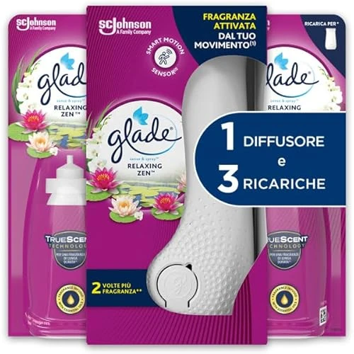 Offerta a tempo: Glade Sense & Spray, Profumatore per Ambienti con Oli Essenziali e Sensore di Movimento, Fragranza Relaxing Zen, 1 Base + 3 Ricariche - 44% da 12.39 € a 6.99 €
