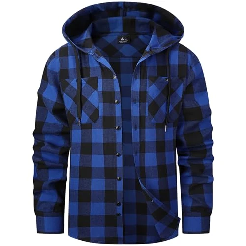 SwissWell Koszula drwala męska koszula flanelowa w kratę z kapturem z długim rękawem kurtka drwala kurtka outdoorowa koszula z kapturem męska, niebieski, M
