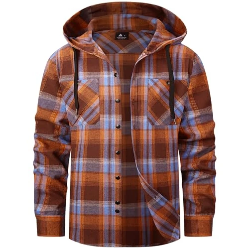 SwissWell Lumberjack Shirt Men's Flannel Shirt Checked Shirt with Hood Long Sleeve Lumberjack Jacket Outdoor Hooded Shirt Men, orange / blue, 3XL