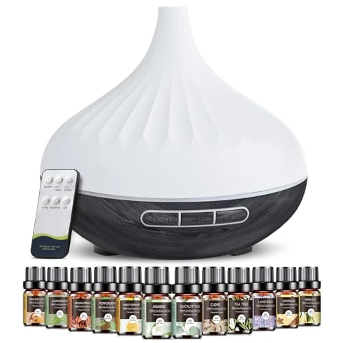 500 ml Aroma Diffuser with 12 x 5 ml Essential Oils Set, 14 Colours LED, 4 Timer Settings (Black)