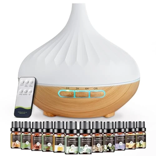 AESHORY Essential Oil Diffuser, 500 ml Air Humidifier with Set of 12 x 5 ml Essential Oil, Aroma Diffuser with Remote Control, 4 Timers and 7 LED Colours Night Light