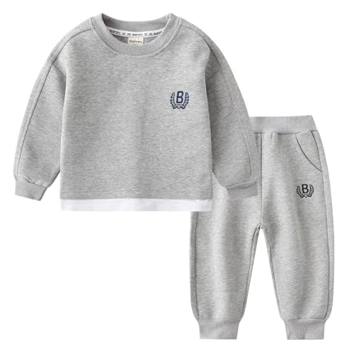 Fnaobai Peuter Baby Jongen Herfst Winter Kleding Effen Kleur Lange Mouw Trui Sweatshirt Tops Joggers Broek Outfit Set, Grijs, 3-4T