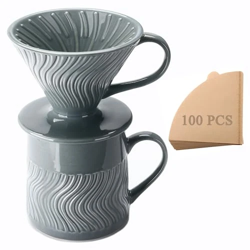 Polydremio Caffettiera Pour Over, Gocciolatore in Ceramica con 100 Filtri di Carta Misura 02, Caraffa in Ceramica, 450 ml, Grigio