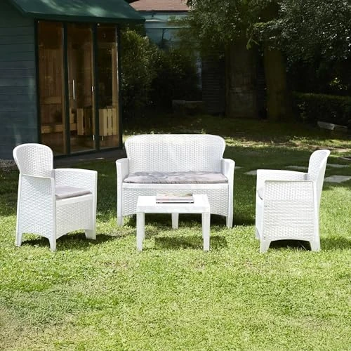 Offerta a tempo: Dmora set Salotto da Esterno Ostuni Bianco 4 Posti un Tavolino, Salottino Outdoor Impermeabile Idrorepellente - 31% da 178.99 € a 123.99 €