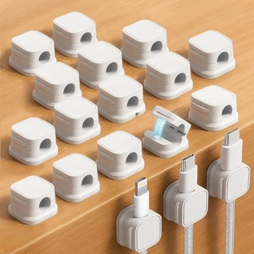 18 Pack Magnetic Cord Organizer, Effortless Cord Management, Computer Cable Organizer, Sticky Cable Clips for Desk and Home -White