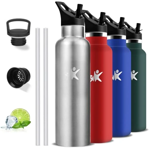 Grsta Botella Agua Acero Inoxidable, Botella Termica 1 litro, Cantimplora con Pajita, A Prueba de Fugas, Cantimplora Acero Inoxidable, Doble Aislamiento, Termo para Senderismo, Deportes, Running, Yoga