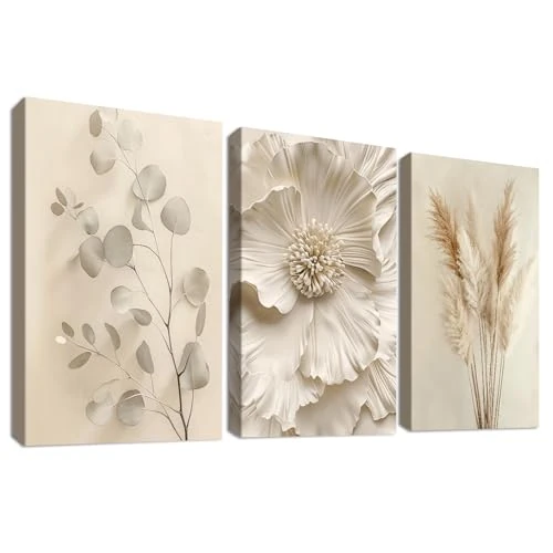 Limited-time offer: 3 Pcs Wooden Framed Canvas Wall Art Beige Flower Pampas Grass Canvas Prints Cream Eucalyptus Leaf Painting Minimalist Floral Pictures for Living Room Bedroom Bathroom Wall Decor 30x40 cm x3pcs from 29.99 £ to 29.99 £ (save 0.00%)
