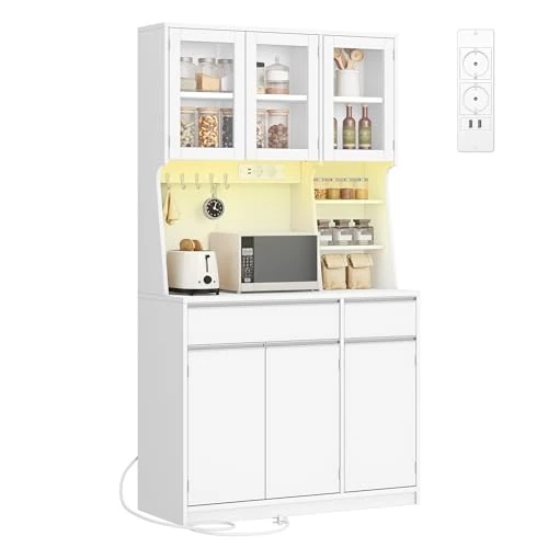 Offerta a tempo: Hzuaneri Credenza cucina, mobile buffet, armadio domestico con multipresa e striscia luminosa a LED, piano di lavoro e 2 cassetti, ripiani regolabili, cucina, soggiorno, 40x100x180cm, Bianco - 0.00% da 189.99 € a 189.99 €